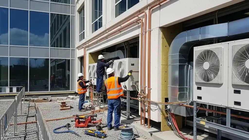 An HVAC crew installing commercial condensing units on a building exterior.