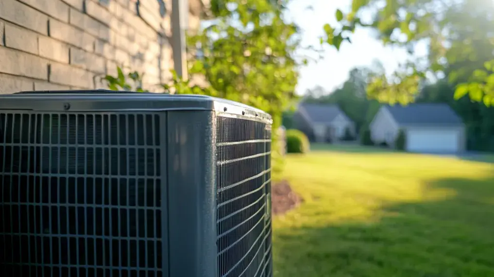 A residential outdoor air-conditioning condenser beside a brick home.